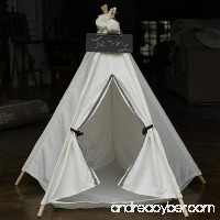 Pet Teepee House - 28 Inch 5-Pole White Canvas Tent with Grey Poms Opening and Horn Buttons  Comes with Pad Mat & Free Hangings  Elegant Cat Dog Puppy Snuggle Bed Furniture By Wonder Space - B076WX42MZ