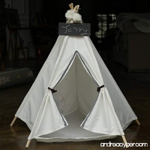 Pet Teepee House - 28 Inch 5-Pole White Canvas Tent with Grey Poms Opening and Horn Buttons Comes with Pad Mat & Free Hangings Elegant Cat Dog Puppy Snuggle Bed Furniture By Wonder Space - B076WX42MZ