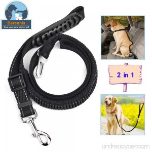 BERENNIS Dog Seatbelt Leash 2 in 1 Adjustable Pet Car Safety Seat Belt and Dog Leash with Elastic Nylon Bungee Buffer-Black - B075MBH2HX
