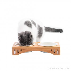 Petacc Elevated Pet Bowl Raised Dog Bowl Cat Food Feeder Combined with Bamboo Stand and 2 Ceramic Bowls - B078PJY482