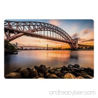 Ambesonne Landscape Pet Mat for Food and Water  Sunset Evening View Picture Hell Gate and Triboro Bridge Astoria Queens America  Rectangle Non-Slip Rubber Mat for Dogs and Cats  Brown Blue - B075YYRHNJ
