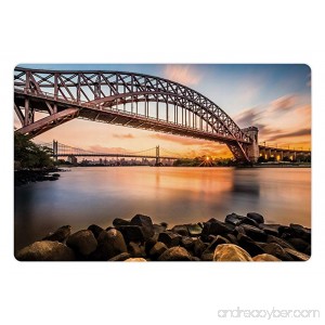 Ambesonne Landscape Pet Mat for Food and Water Sunset Evening View Picture Hell Gate and Triboro Bridge Astoria Queens America Rectangle Non-Slip Rubber Mat for Dogs and Cats Brown Blue - B075YYRHNJ